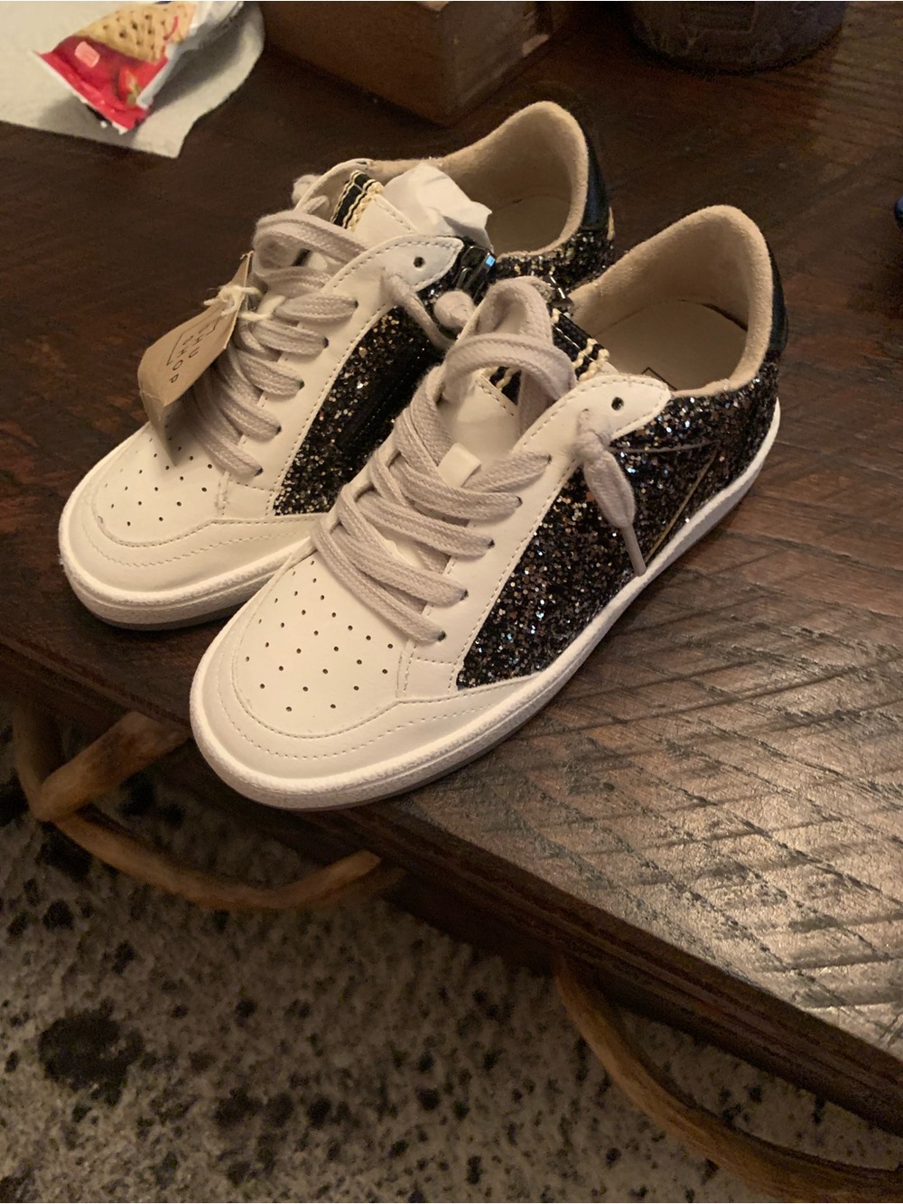 ShuShop White Sneakers with Black Glitter Panels